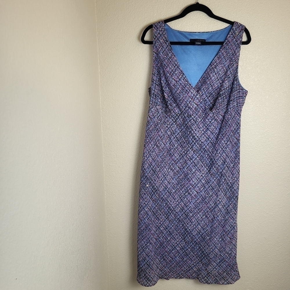 Venezia Midi Dress Women Size 14/16 Blue and Purple Pattern V-Neck Sleeveless